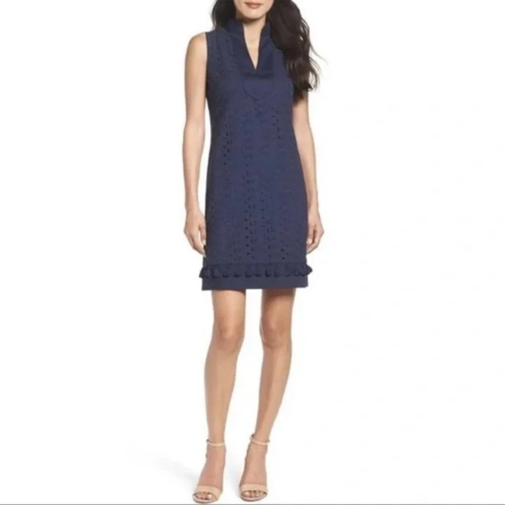 New Eliza J Eyelet Shift Dress Size 4 Preppy Tassel Hem Mandarin Collar Navy